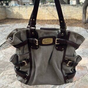 MICHAEL KORS Gansevoort Natural Hemp Canvas Mocha Brown Leather Shoulder Bag